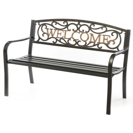 GARDENISED Steel Outdoor Patio Garden Park Seating Bench with Cast Iron Welcome Backrest, Front Porch Yard Bench Lawn Decor QI003709